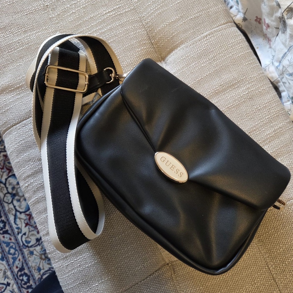 GUESS Black Crossbody with Black-and-White Striped Strap